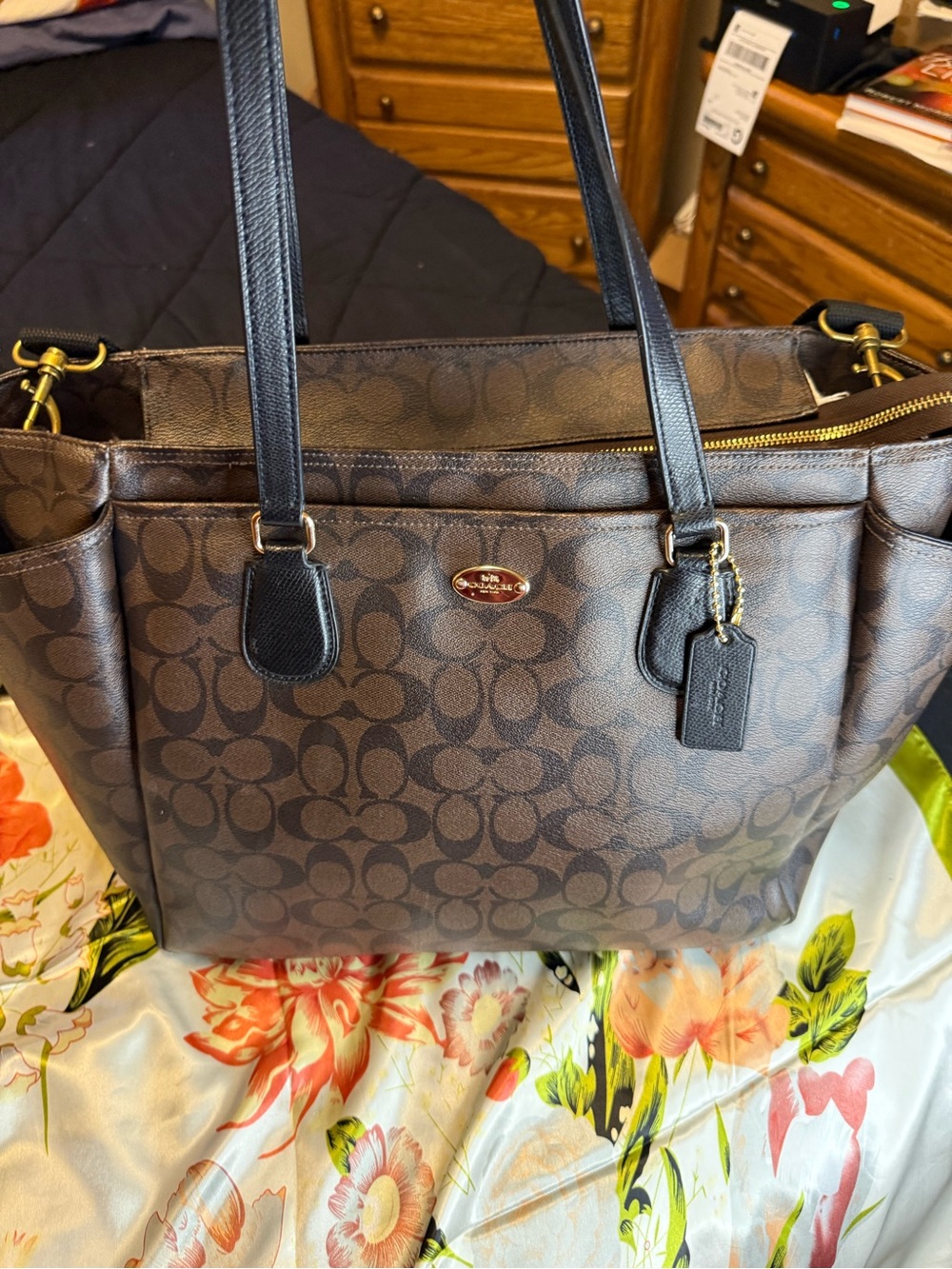 Coach Brown Logo Tote with Black Leather Straps